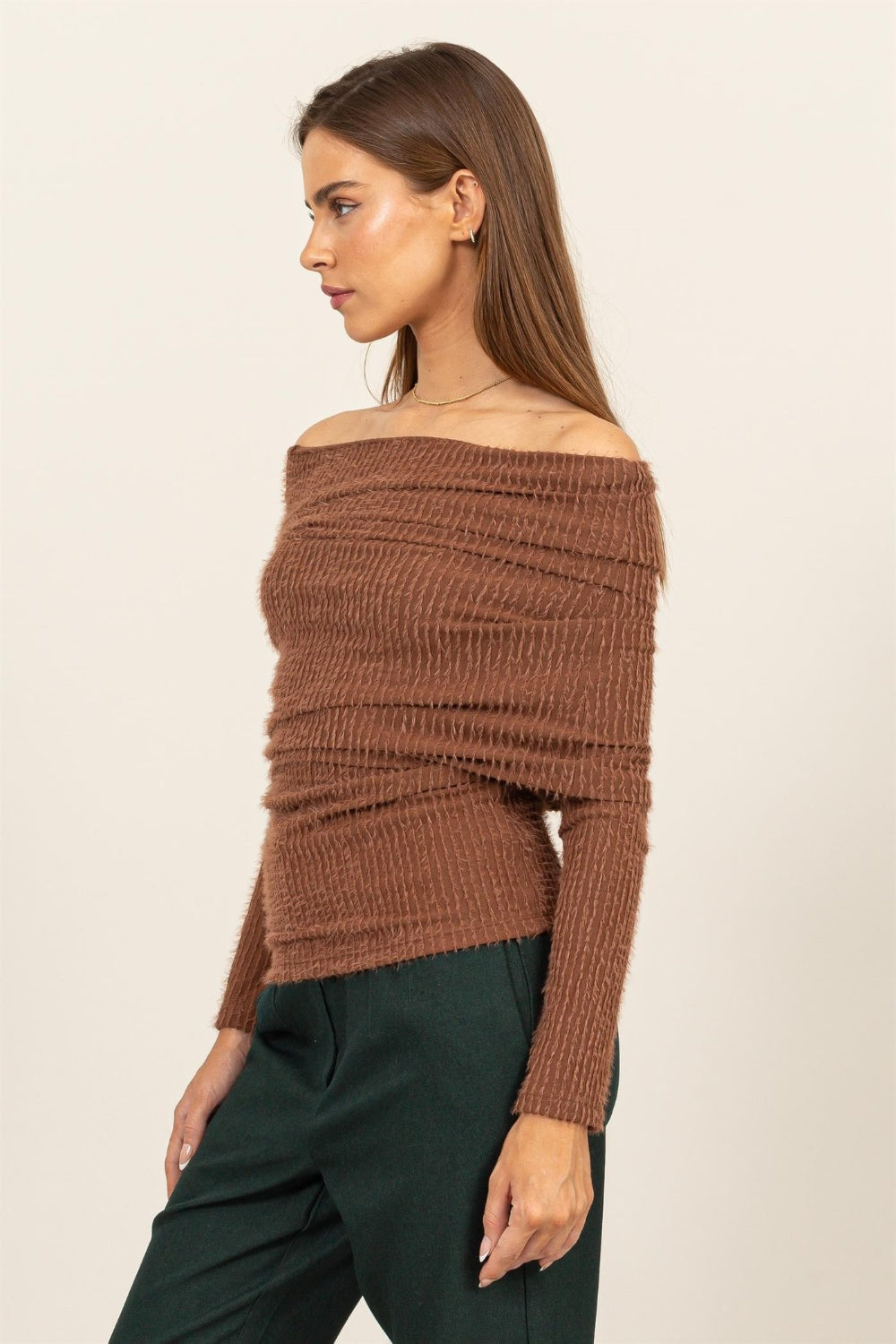 HYFVE Fuzzy Off Shoulder Textured Knit Top Top Trendsi   