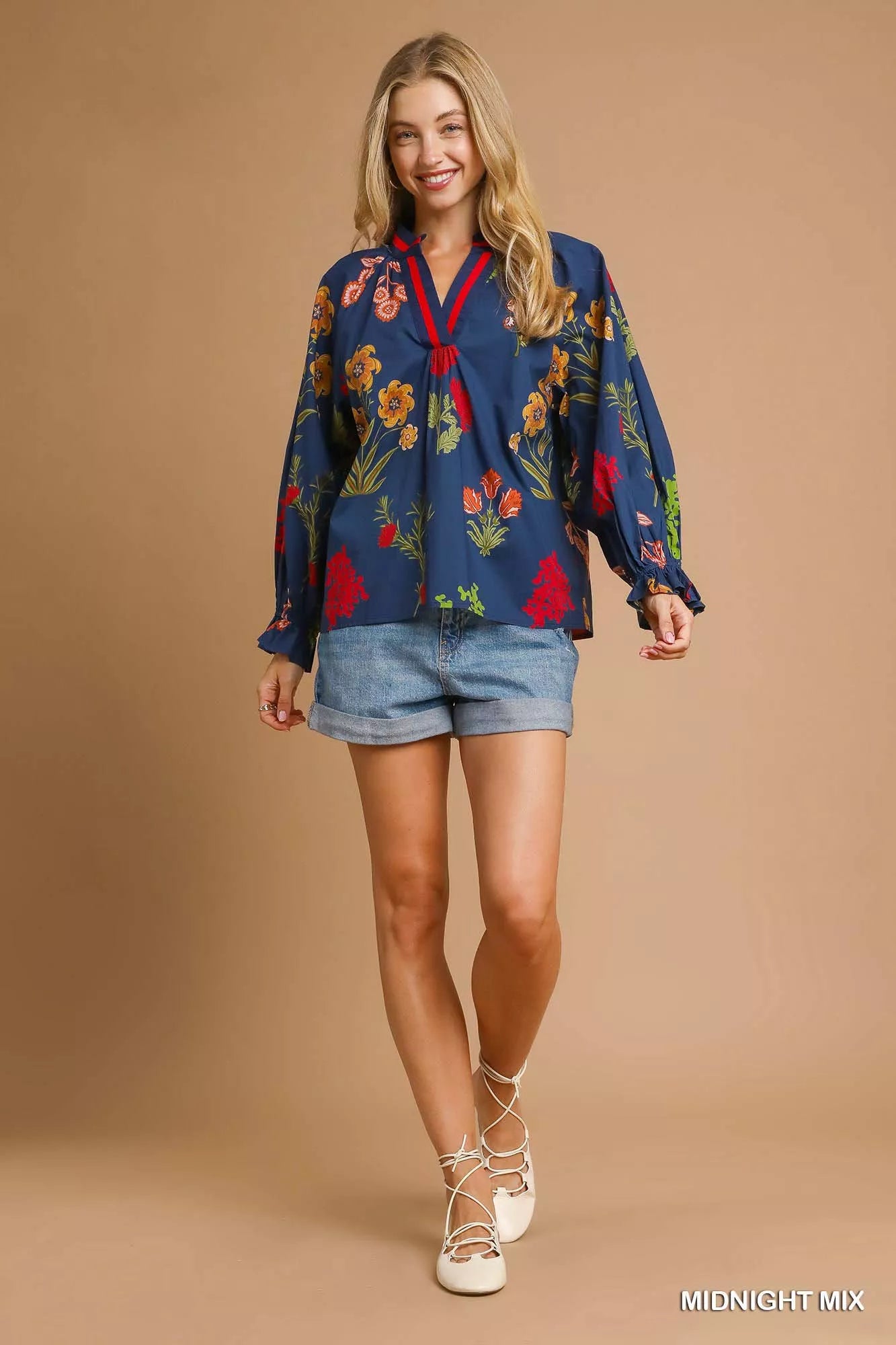 Umgee Floral Print Flounce Sleeve Blouse Boho Chic - NeoKira Unlimited
