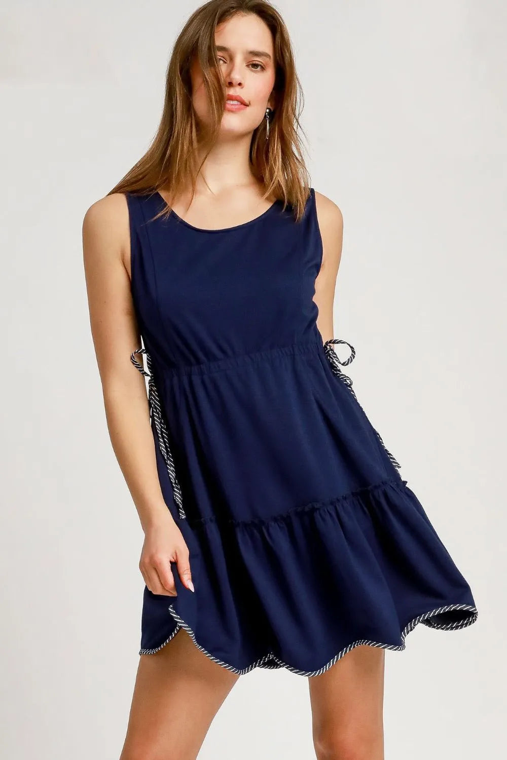 Umgee Frill Drawstring Waist Round Neck Mini Tank Dress - NeoKira Unlimited