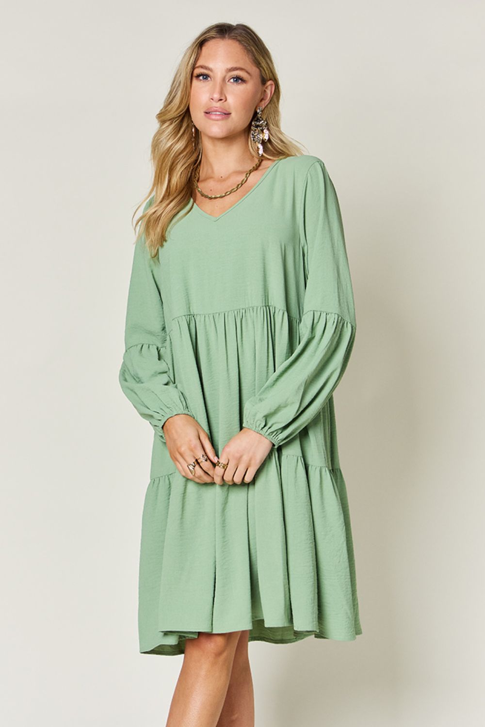 Double Take Full Size V-Neck Balloon Sleeve Tiered Dress - NeoKira Unlimited