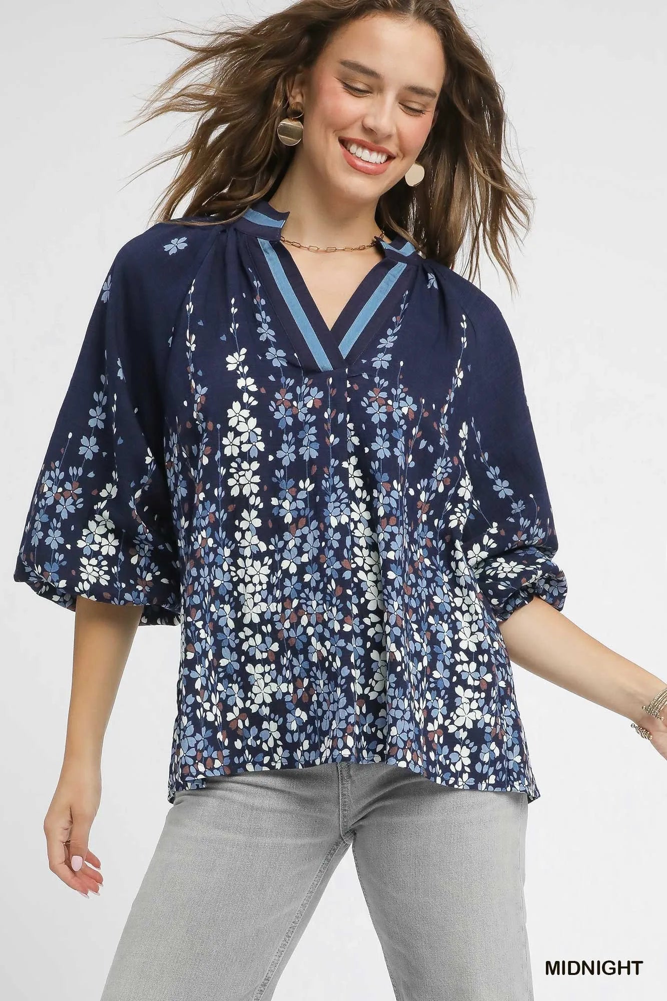 Umgee Floral Vine Print Blouse with Balloon Sleeves – Plus Size Boho Chic - NeoKira Unlimited