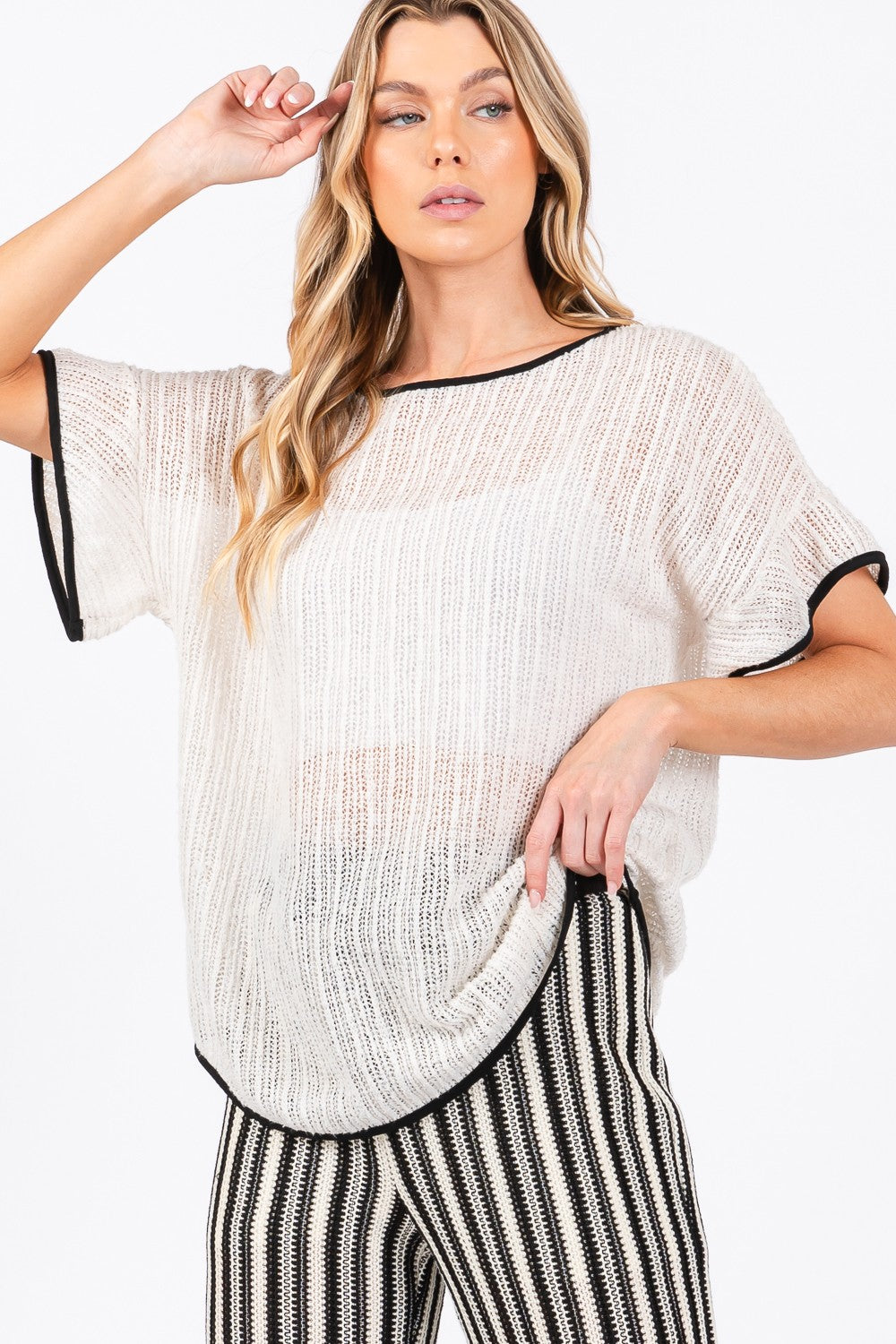 GeeGee Contrast Trim Short Sleeve Knit Cover Up - NeoKira Unlimited