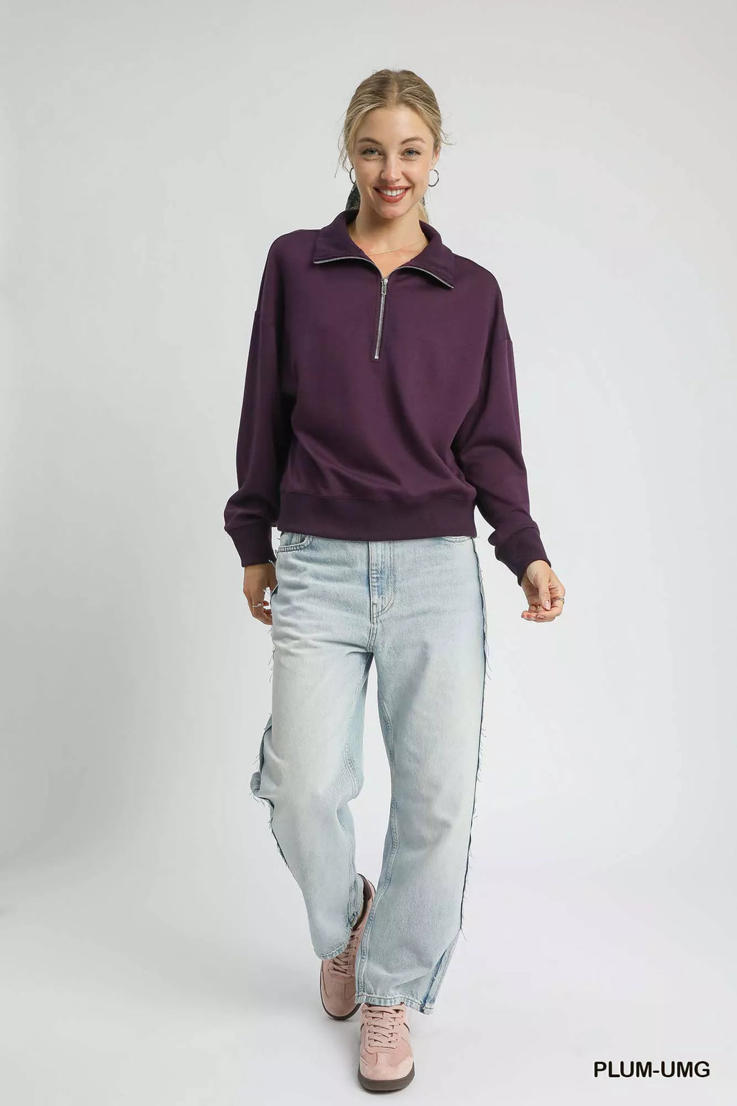 Umgee Casual Half Zip Drop Shoulder Sweatshirt - NeoKira Unlimited