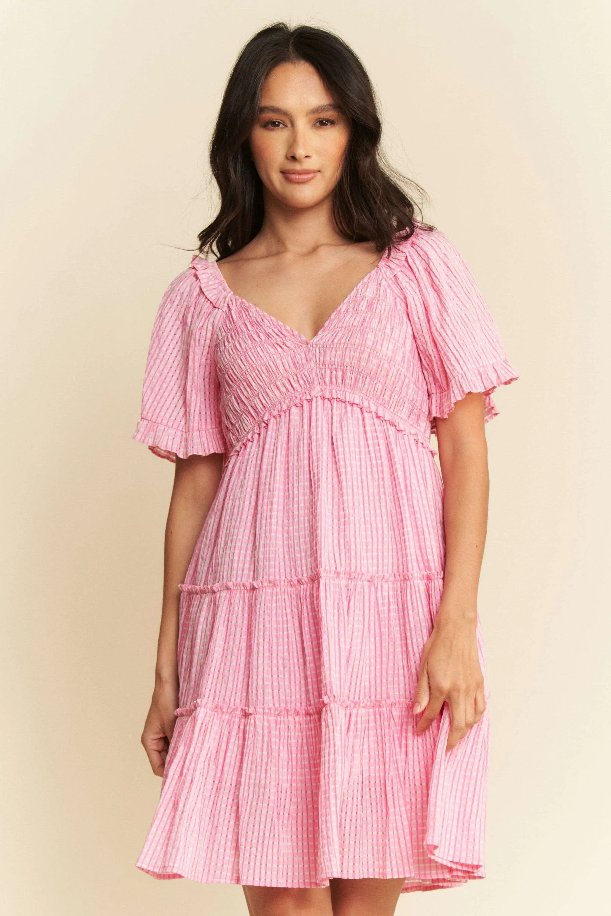 Davi & Dani Romantic Cottagecore Checker Jacquard Smocked Tiered Midi Dress - NeoKira Unlimited