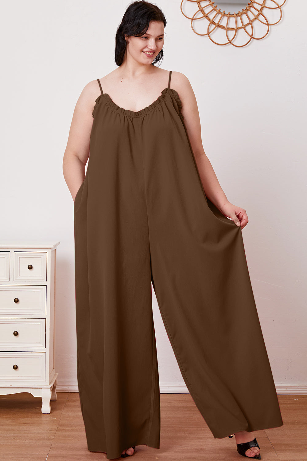 Double Take Full Size Ruffle Trim Tie Back Cami Jumpsuit with Pockets - NeoKira Unlimited