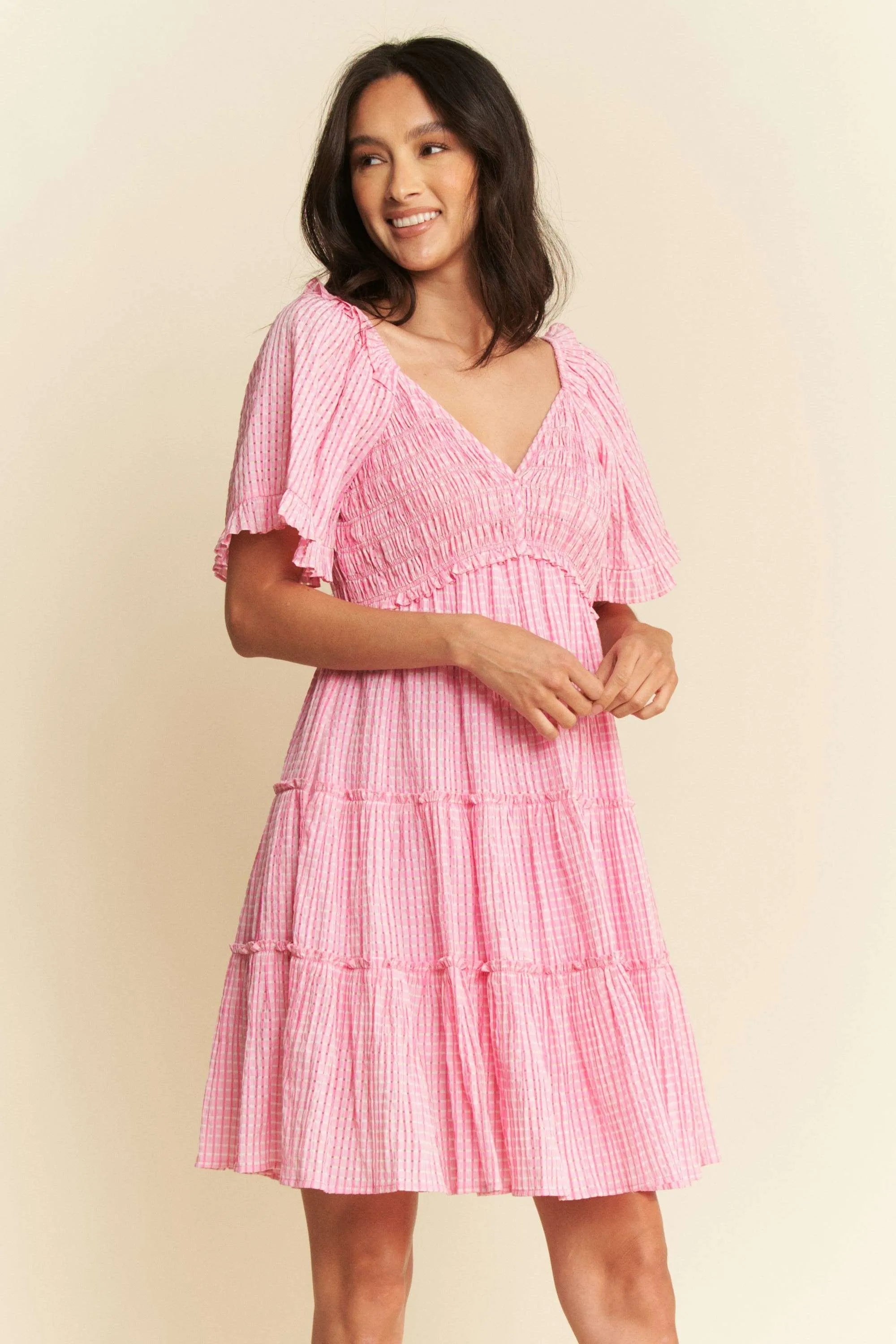 Davi & Dani Romantic Cottagecore Checker Jacquard Smocked Tiered Midi Dress - NeoKira Unlimited