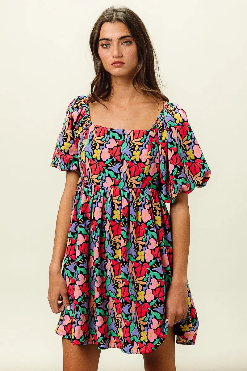 BiBi Tropical Boho Floral Print Puff Sleeve Square Neck Dress - NeoKira Unlimited