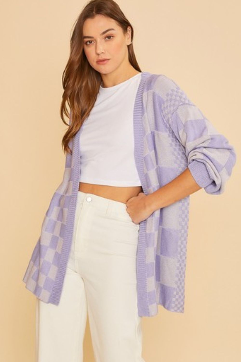 Annie Wear Checkered Open Front Drop Shoulder Cardigan - NeoKira Unlimited