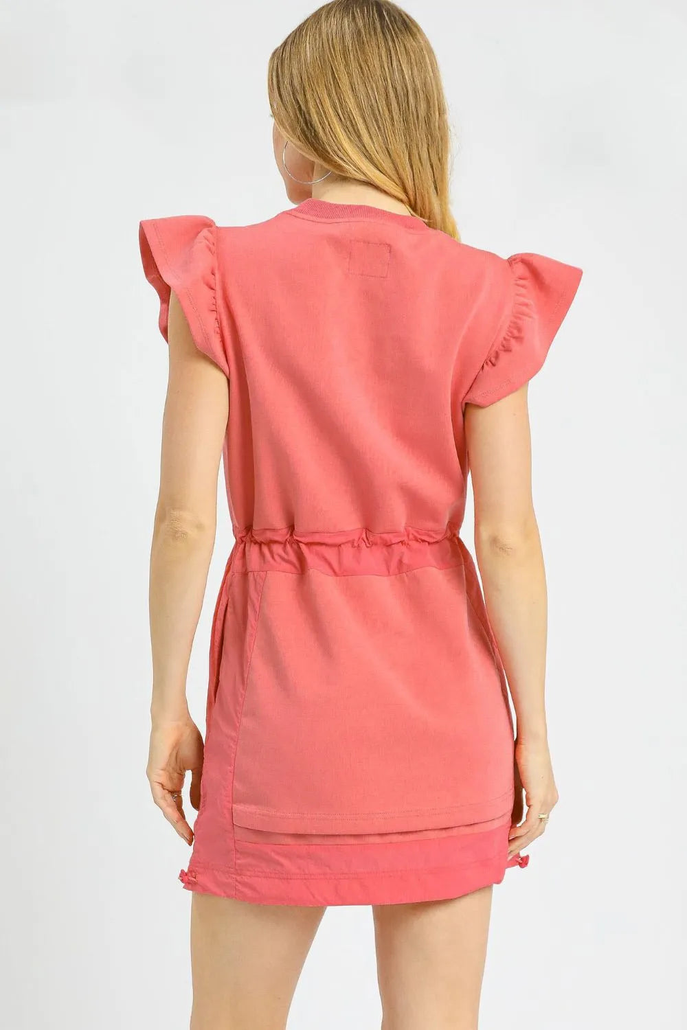Umgee Coral Drawstring Mini Dress with Ruffles Pockets Feminine Chic - NeoKira Unlimited