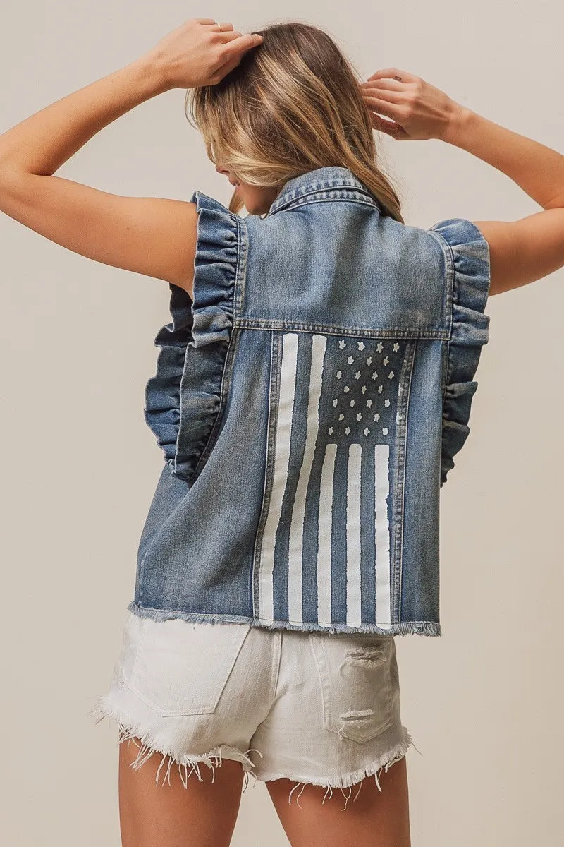 BiBi American Flag Washed Denim Jacket - NeoKira Unlimited