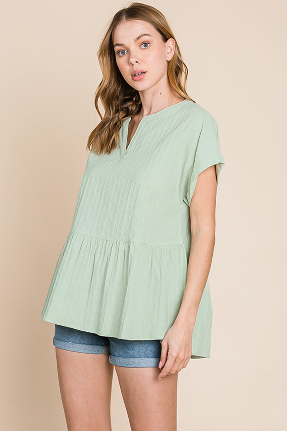 Cotton Bleu by Nu Lab Ruched Notched Short Sleeve Blouse Blouse Trendsi Sage S 