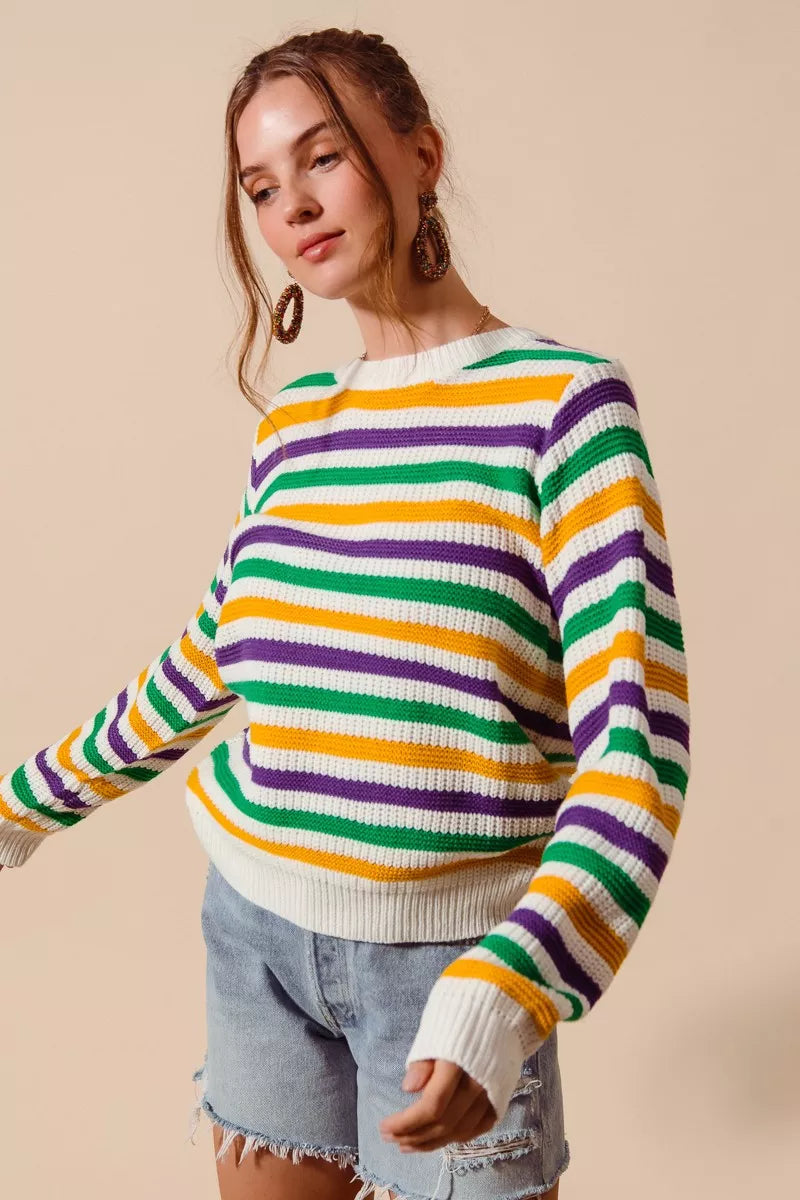 SO ME Mardi Gras Color Stripe Knit Sweater Top - NeoKira Unlimited