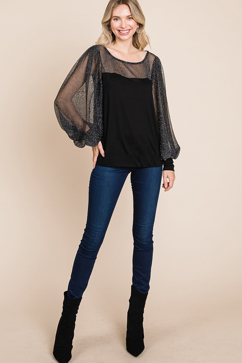 Super Lady Full Size Metallic Mesh Lantern Sleeve Blouse - NeoKira Unlimited