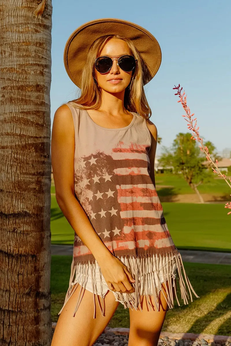 BiBi Distressed Flag Fringe Tank Top – Boho Americana Vibes - NeoKira Unlimited