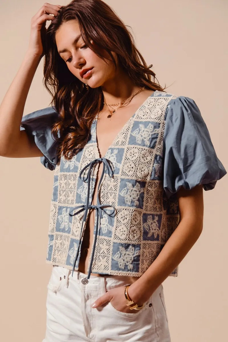 SO ME Boho Patchwork Tie Front Puff Sleeve V Neck Cropped Blouse - NeoKira Unlimited