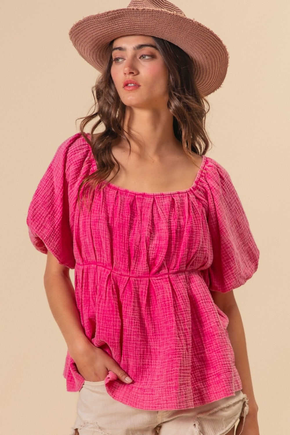 BiBi Pleated Puff Sleeve Washed Blouse Blouse Trendsi Fuchsia S 