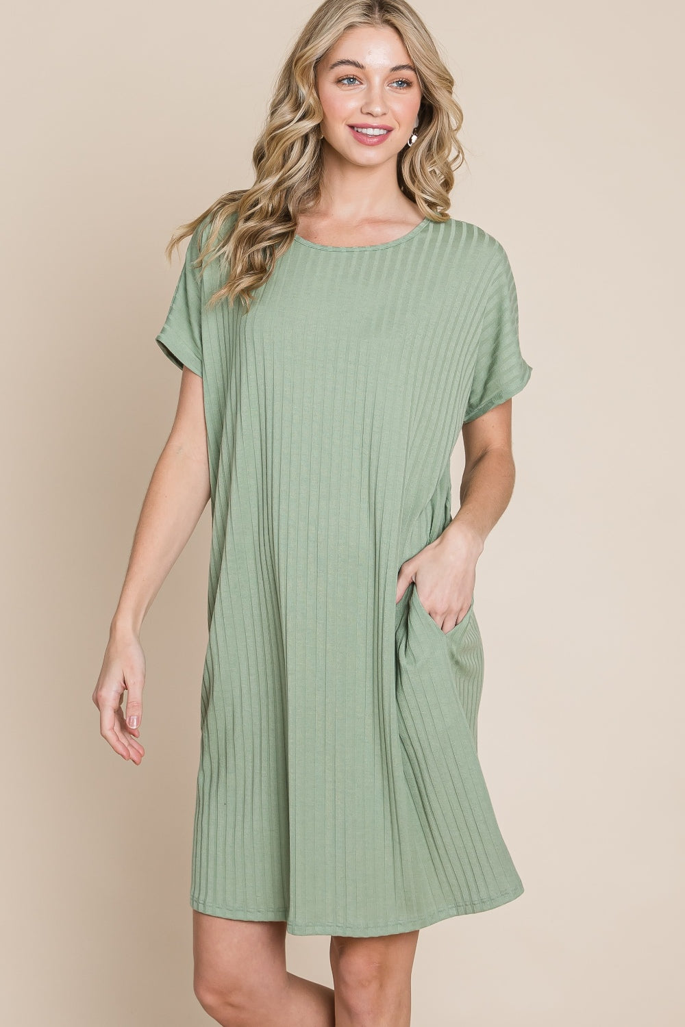 BOMBOM Ribbed Round Neck Short Sleeve Dress Mini Dress Trendsi Sage S 