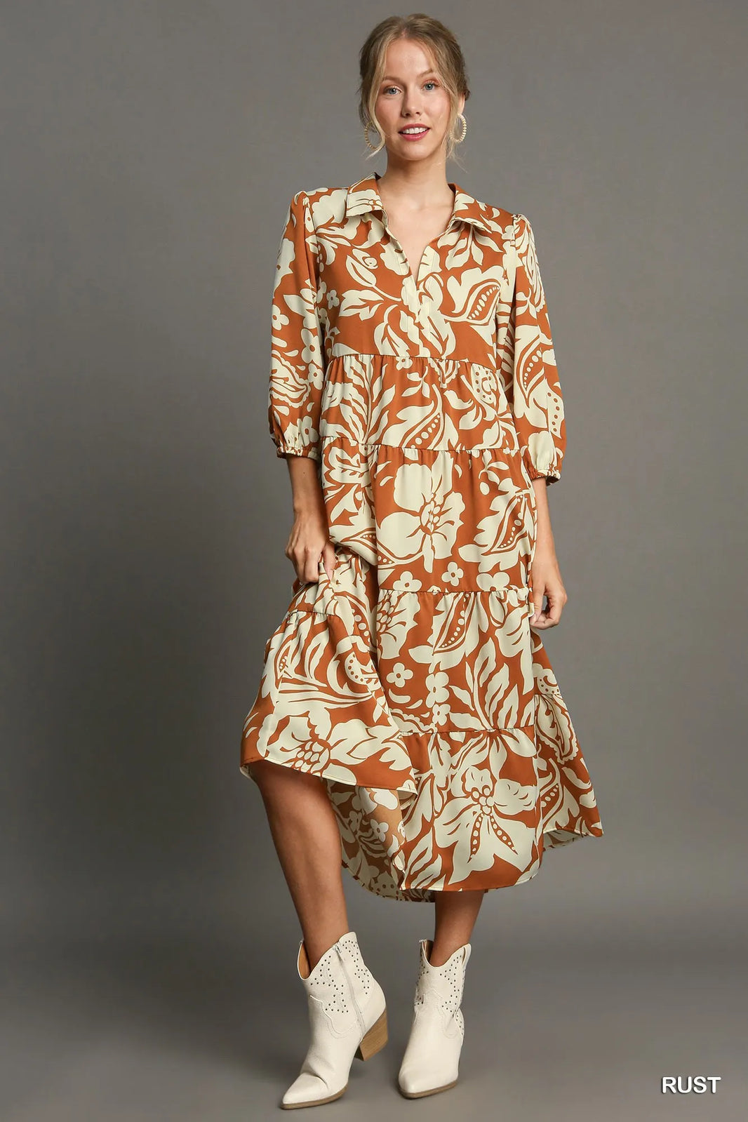 Umgee Full Size Floral Tiered Midi Shirt Dress Plus Size - NeoKira Unlimited