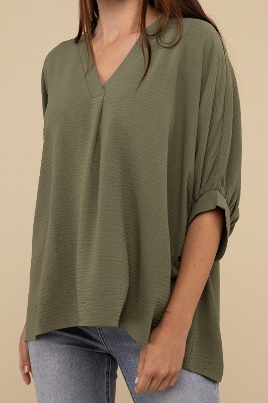 Woven Airflow V-Neck Puff Half Sleeve Top Top ZENANA LT OLIVE S/M 