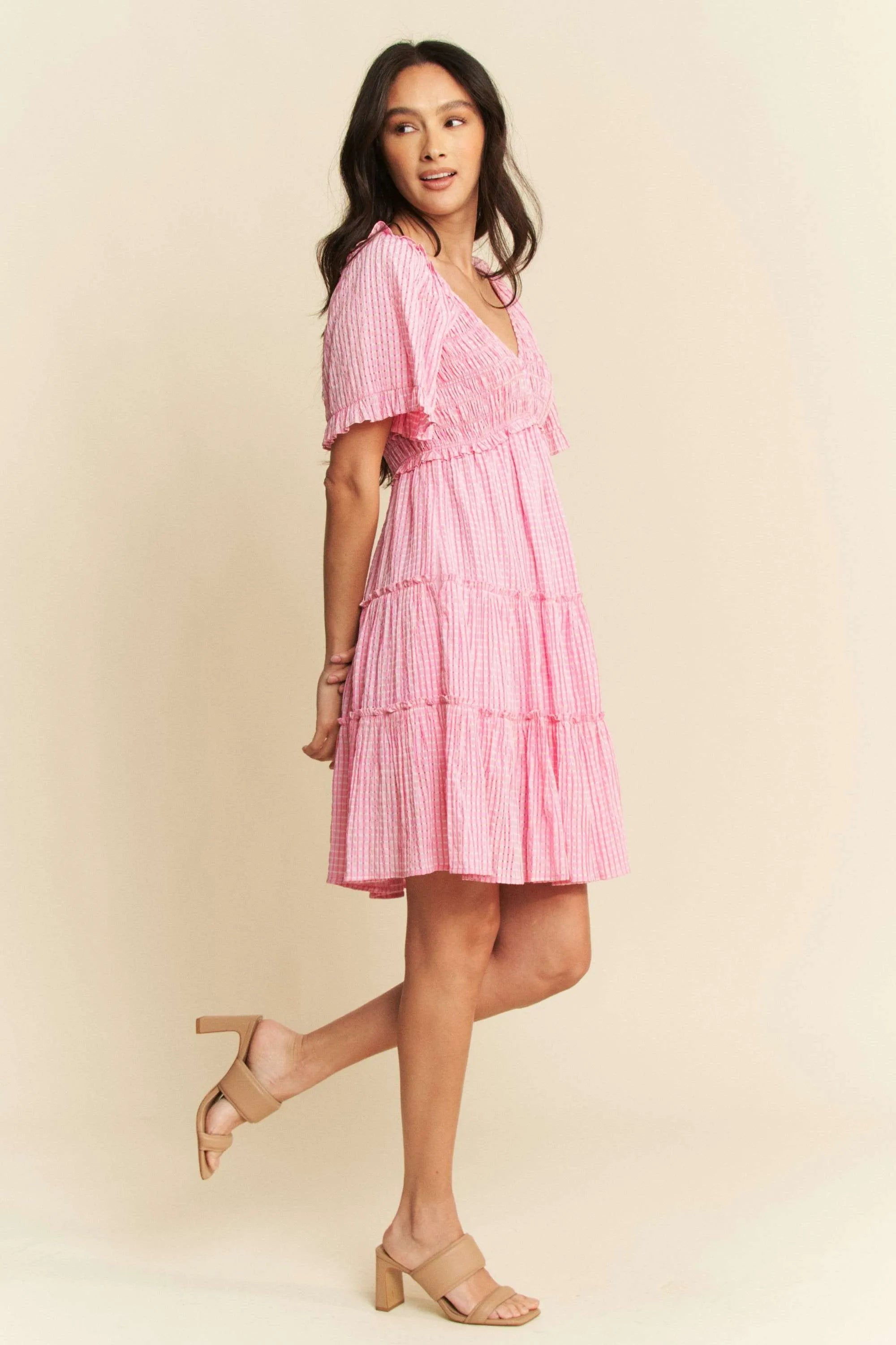 Davi & Dani Romantic Cottagecore Checker Jacquard Smocked Tiered Midi Dress - NeoKira Unlimited