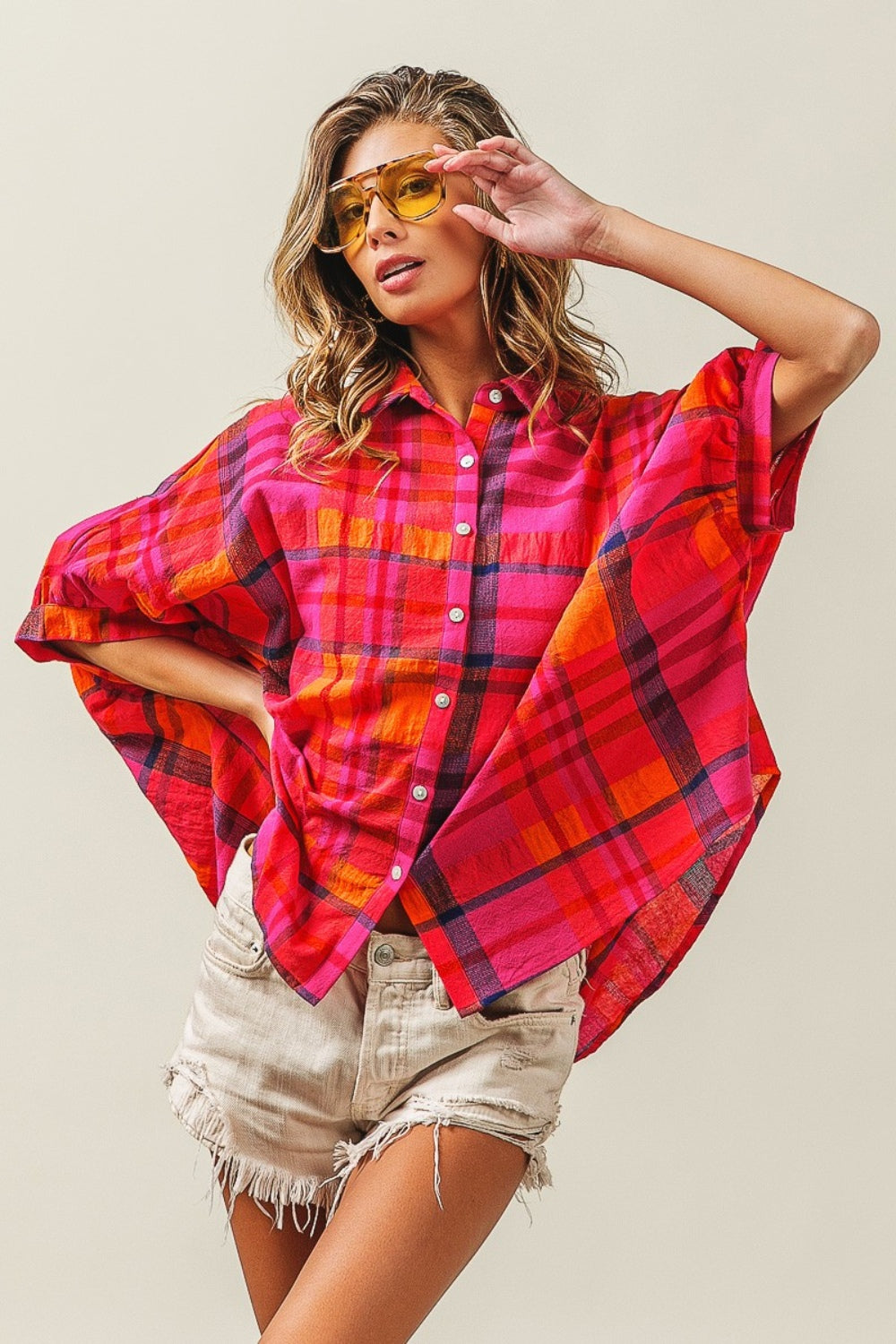 BiBi Button Up Dolman Sleeve Plaid Shirt Shirt Trendsi   