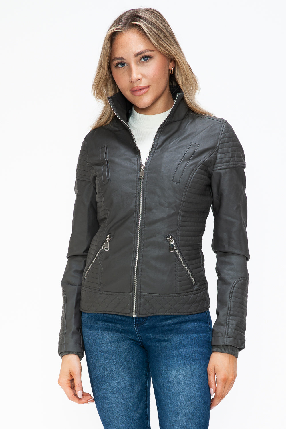 YMI Faux Layered Double-Zipper Jacket with Fuzzy Hood - NeoKira Unlimited
