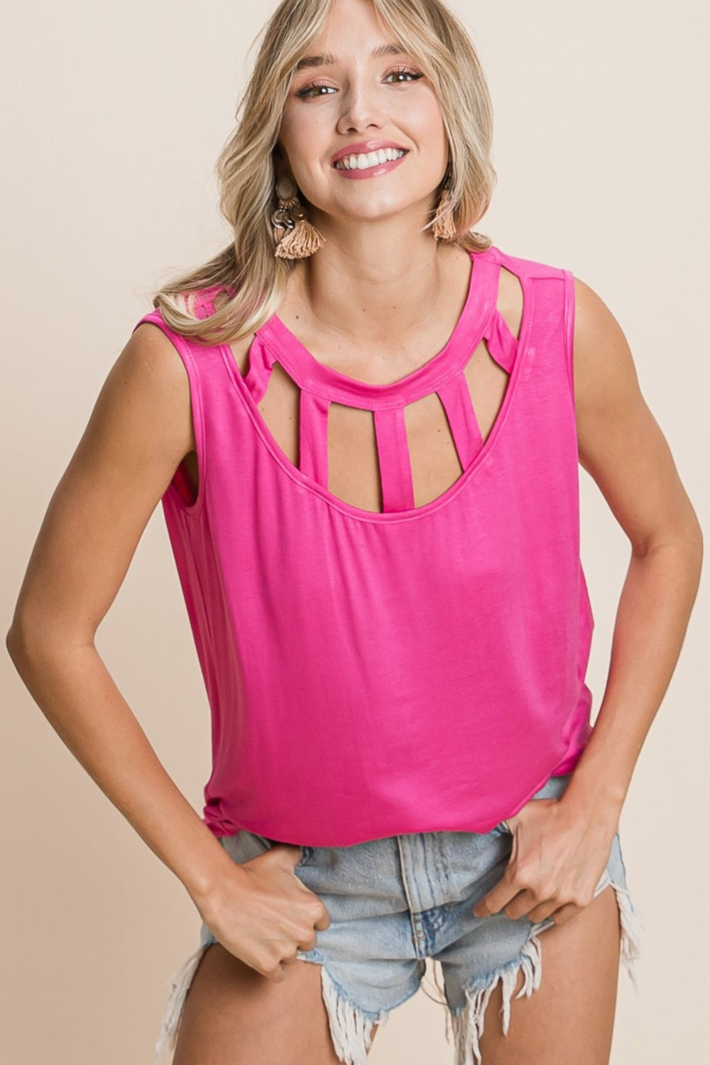 BiBi Cutout Round Neck Sleeveless Top Top Trendsi Fuchsia S 