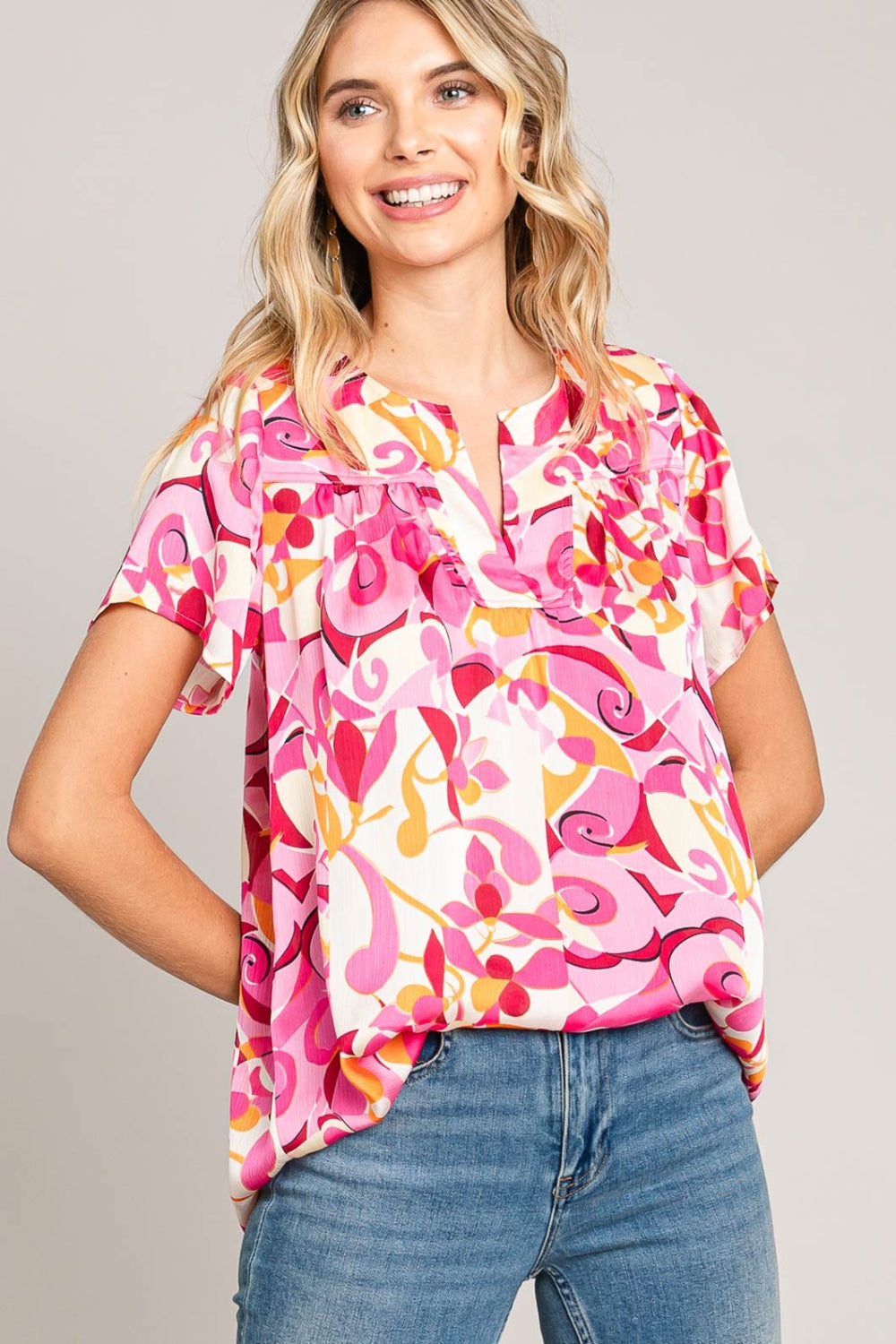 Cotton Bleu by Nu Label Abstract Print Short Sleeve Top Top Trendsi Pink S 