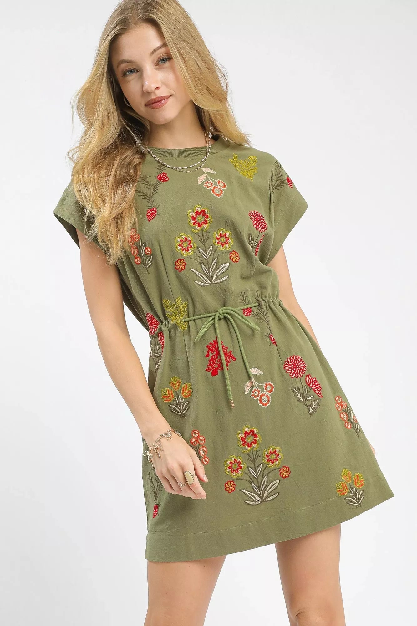 Umgee Embroidered Floral Mini Dress with Waist Tie - NeoKira Unlimited