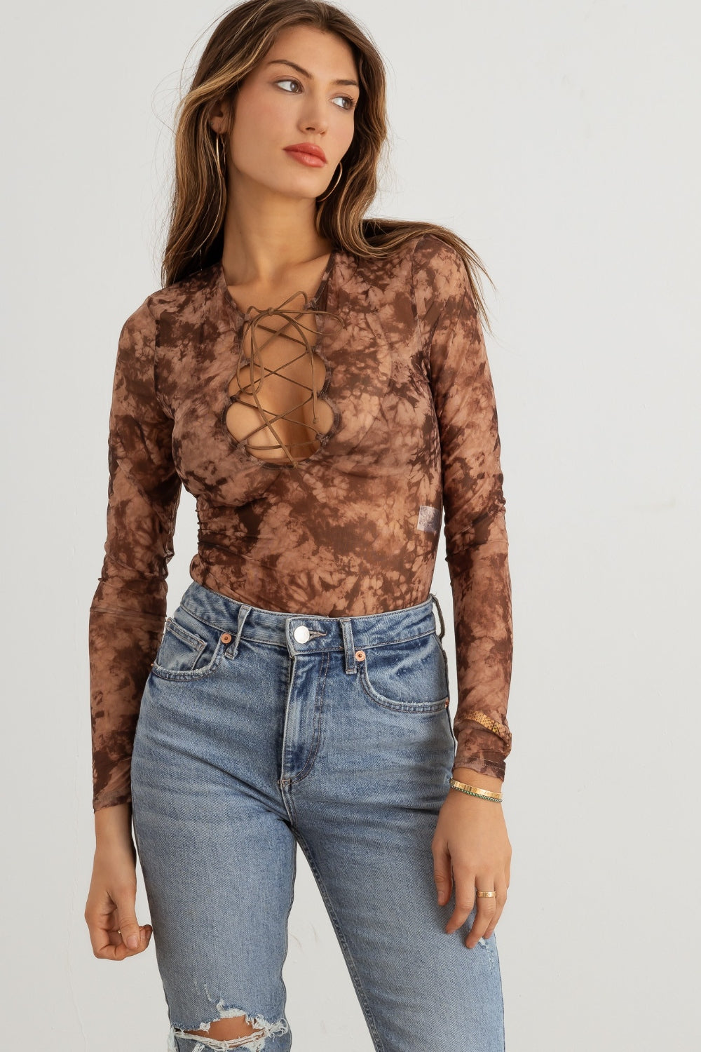 HERA COLLECTION Abstract Mesh Lace-Up Long Sleeve Bodysuit Bodysuit Trendsi Mocha Taupe S 