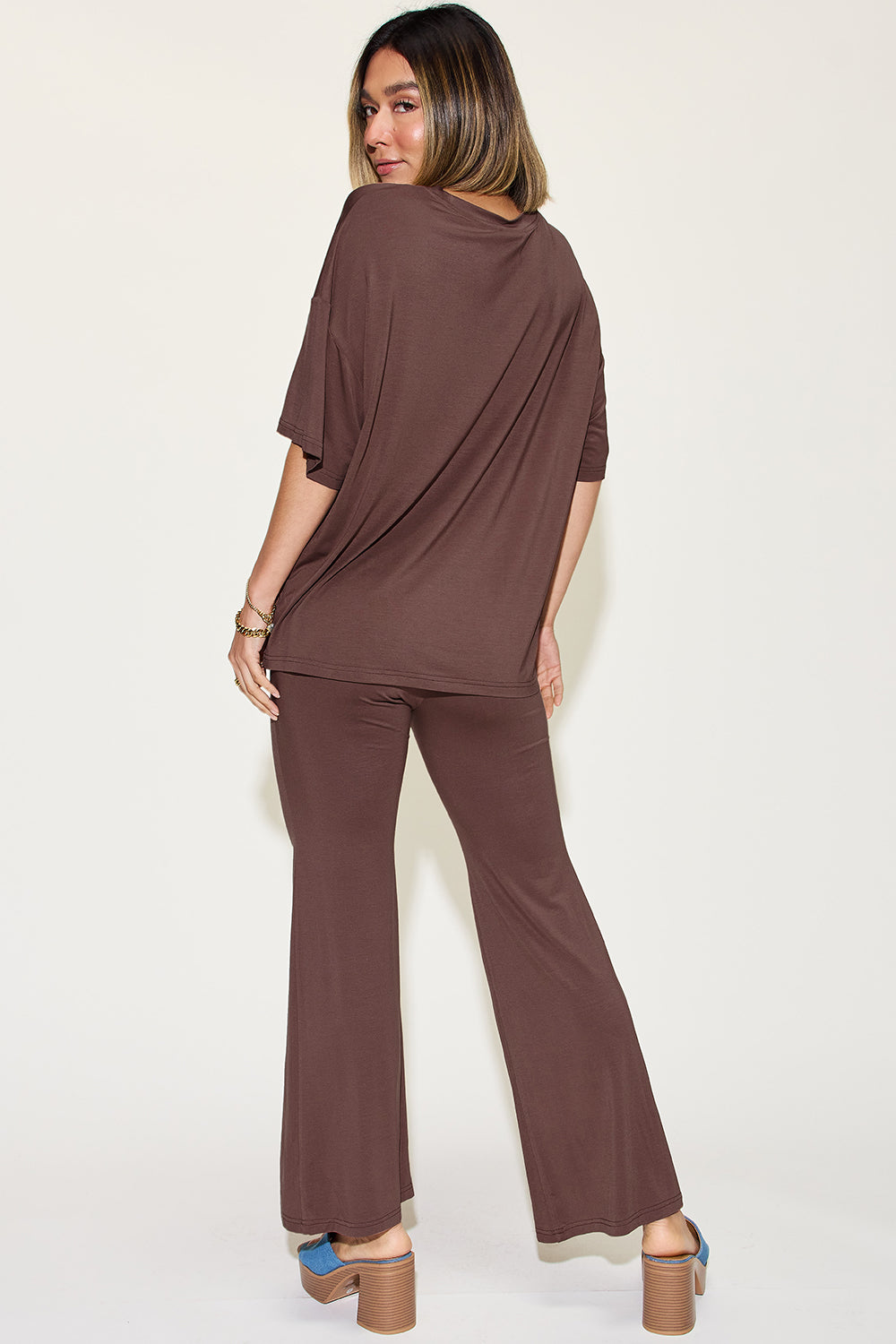Basic Bae Full Size Bamboo Drop Shoulder T-Shirt and Flare Pants Set - NeoKira Unlimited