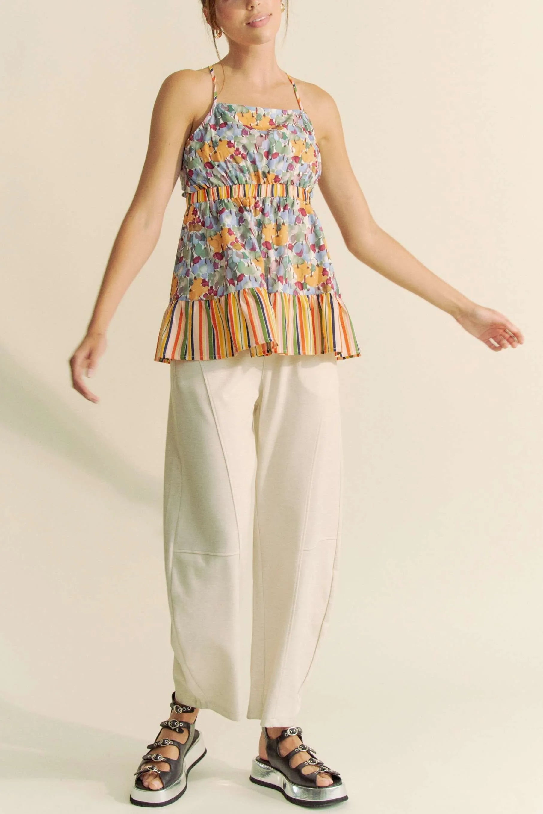 Davi & Dani Floral Smocked Sleeveless Ruffle Back Tie Top - NeoKira Unlimited