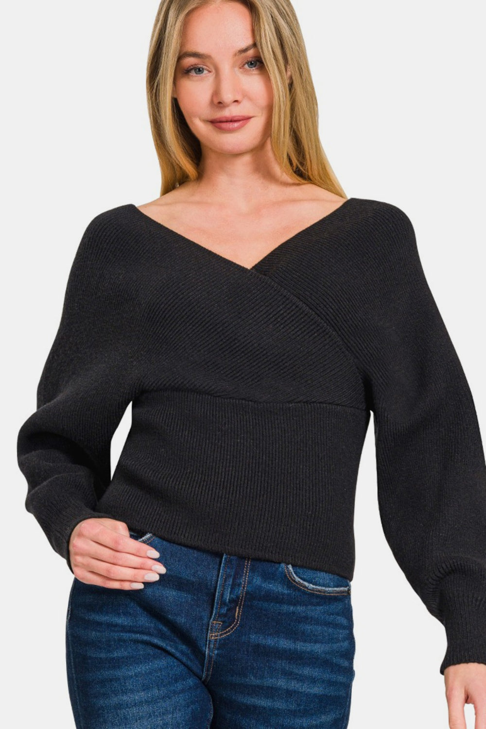 Zenana Cross Wrap Rib Long Sleeve Sweater Sweater Trendsi Black S 