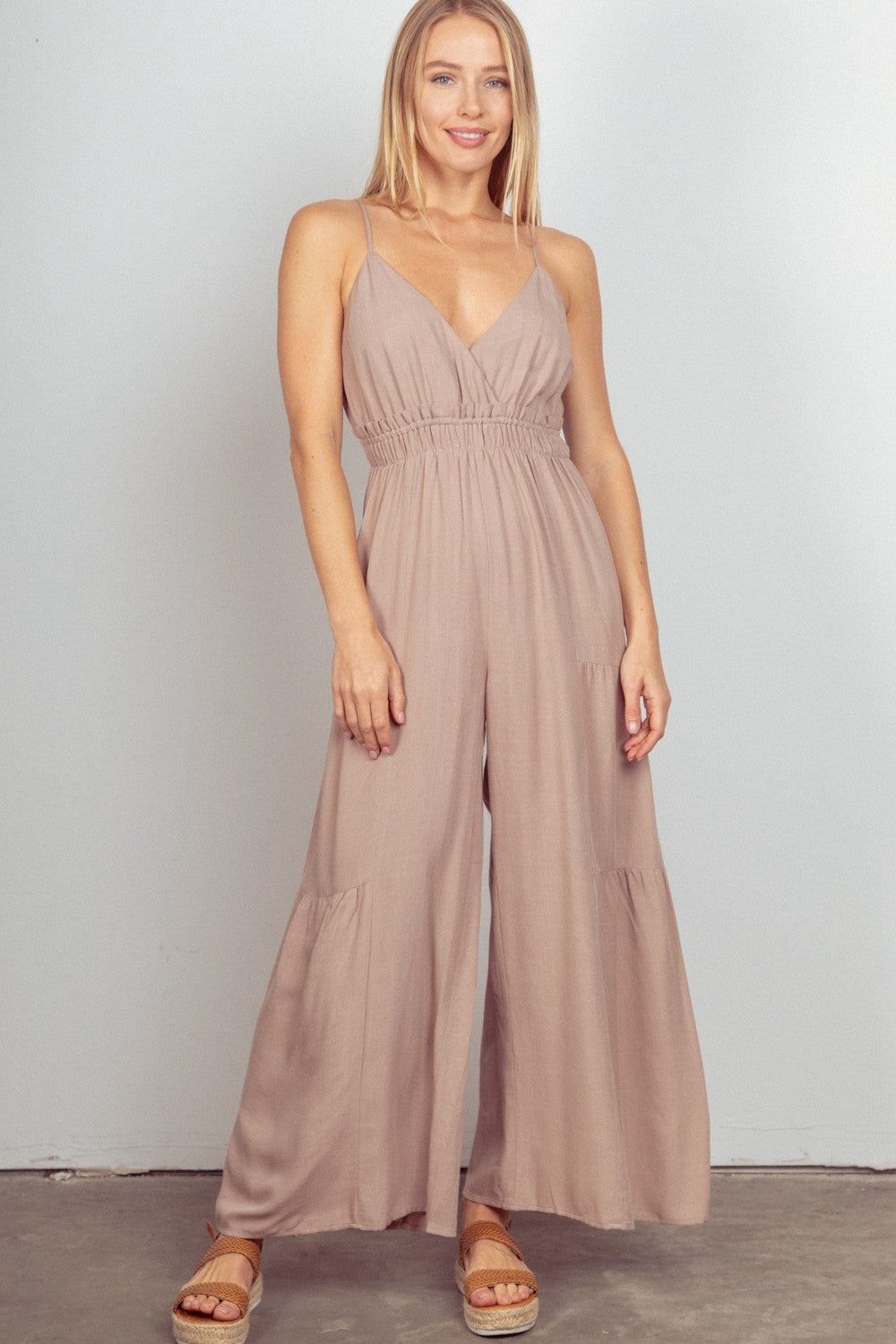 VERY J Sleeveless Ruched Wide Leg Jumpsuit Jumpsuits Trendsi Natural S 