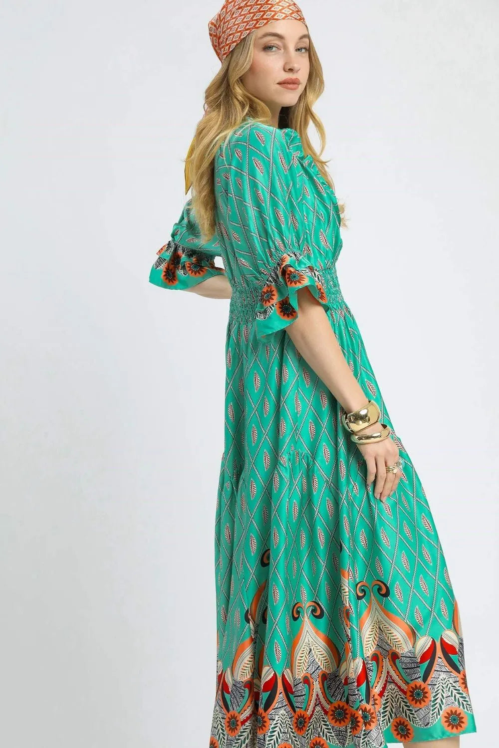 Umgee Printed Smocked Waist Flounce Sleeve Midi Dress - NeoKira Unlimited