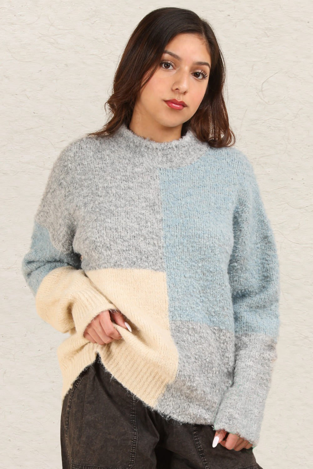 VERY J Color Block Mock Neck Drop Shoulder Sweater - NeoKira Unlimited