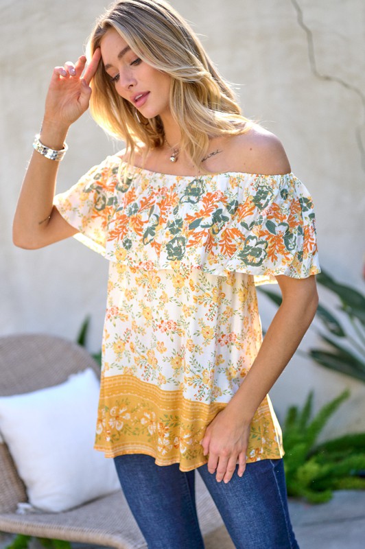 Davi & Dani Printed Off Shoulder Loose Fit Casual Smocked Top - NeoKira Unlimited