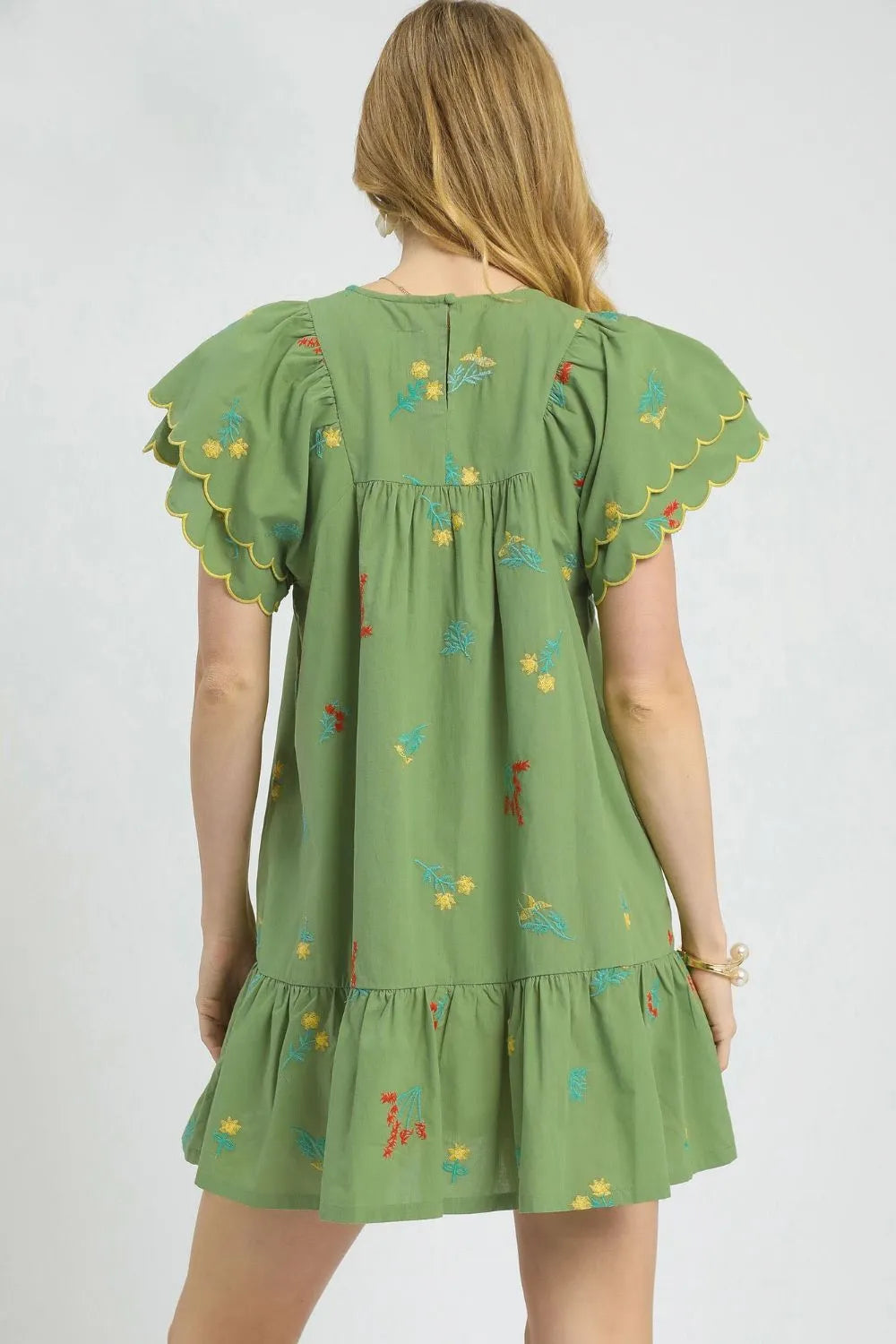 Umgee Sage Green Embroidered Mini Dress Ruched Empire Waist Flutter Sleeves - NeoKira Unlimited