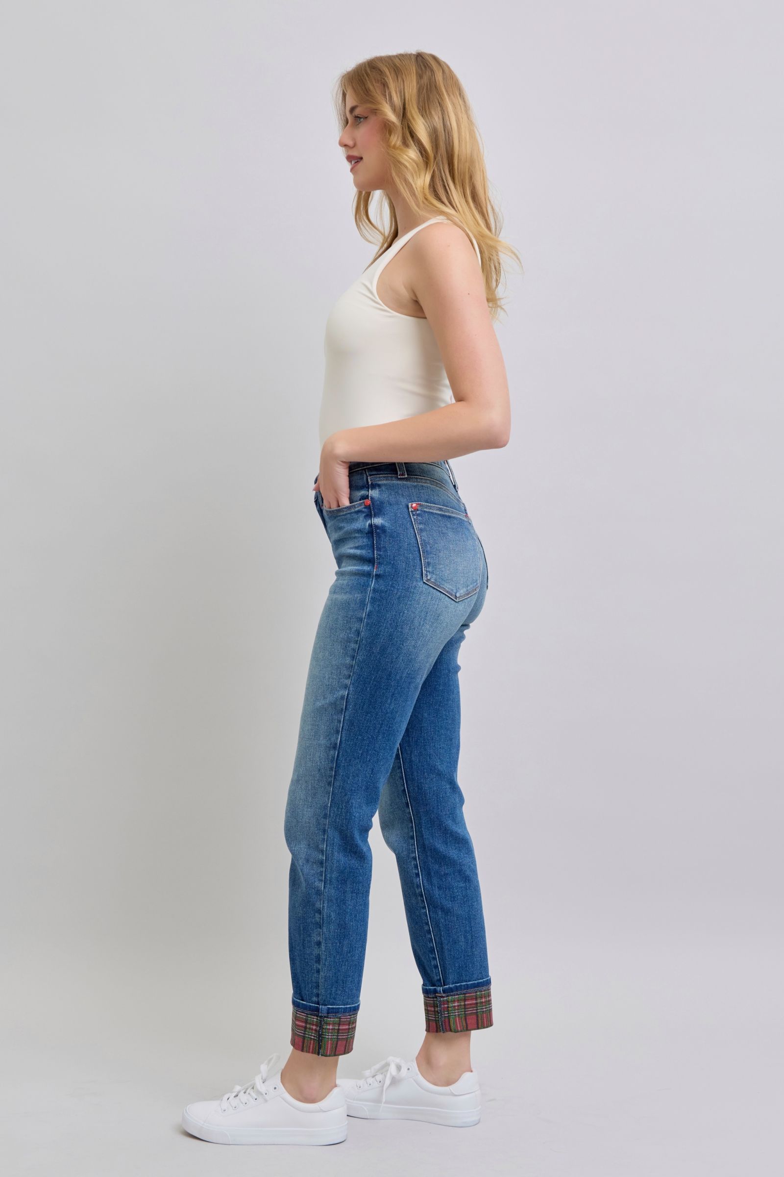 Judy Blue Full Size Plaid Print Cuff Straight Leg Jeans with Pockets - NeoKira Unlimited