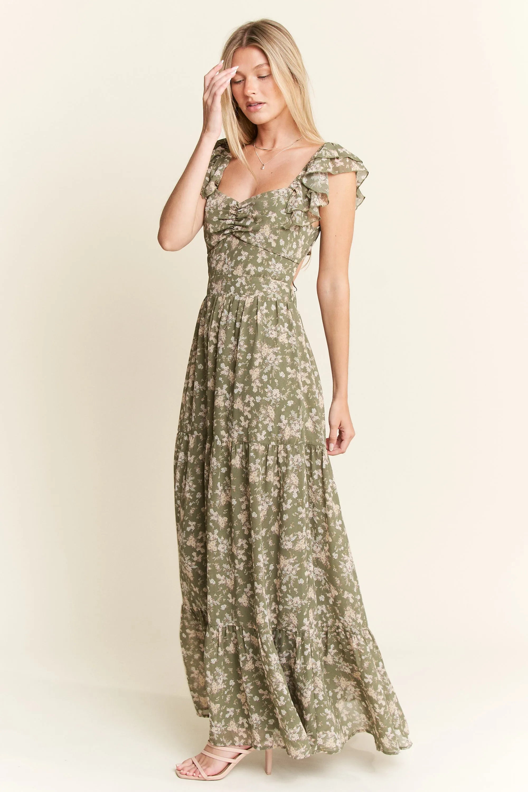 Jade By Jane Sage Green Floral Smocked Tiered Ruffle Sleeves Maxi Dress - NeoKira Unlimited