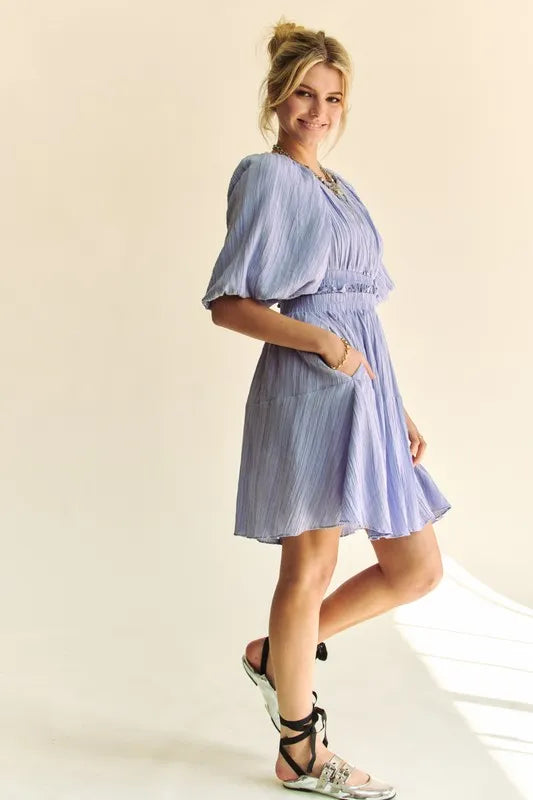 Davi & Dani Back Button Puff Sleeve Mini Dress - NeoKira Unlimited