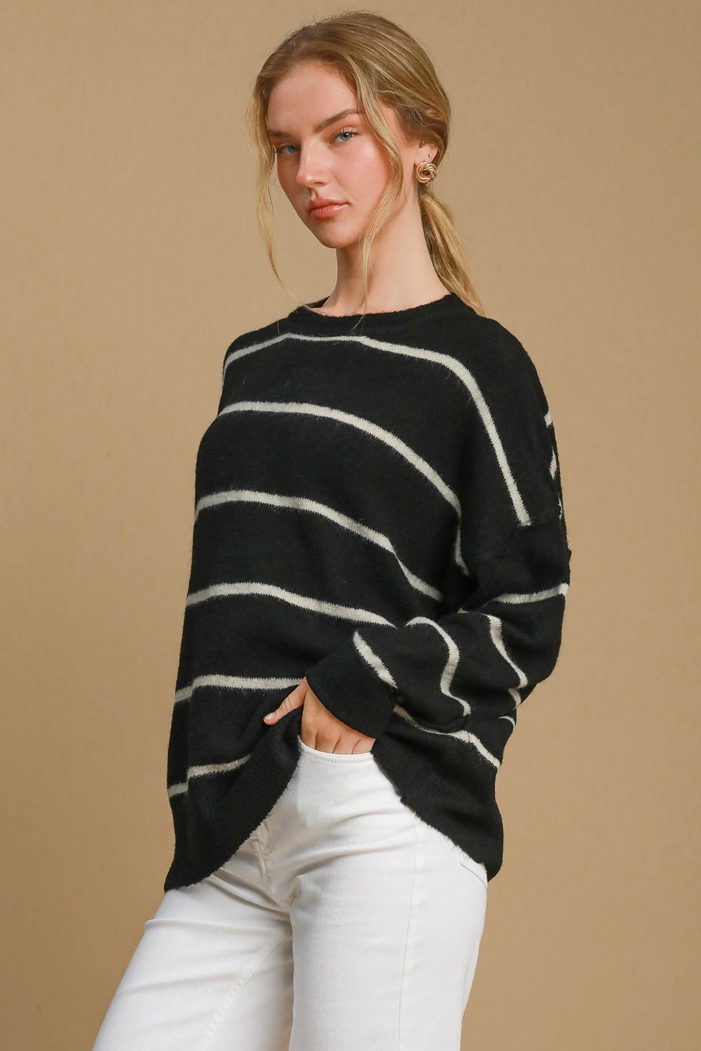 Umgee Wool Blend Striped Round Neck Sweater - NeoKira Unlimited