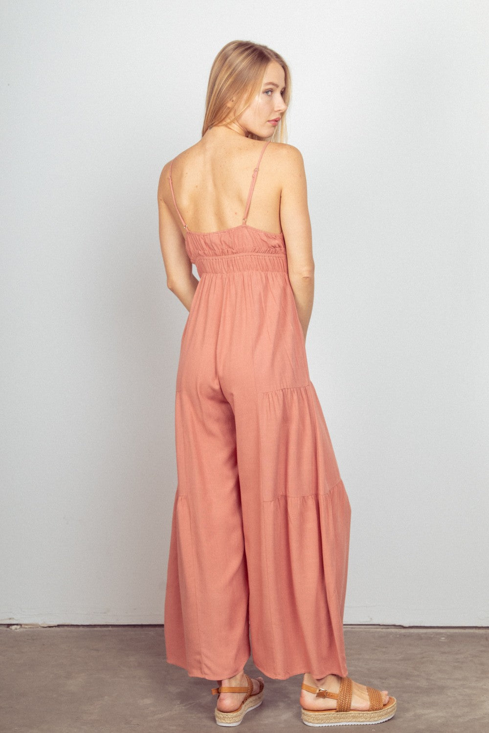 VERY J Sleeveless Ruched Wide Leg Jumpsuit Jumpsuits Trendsi   