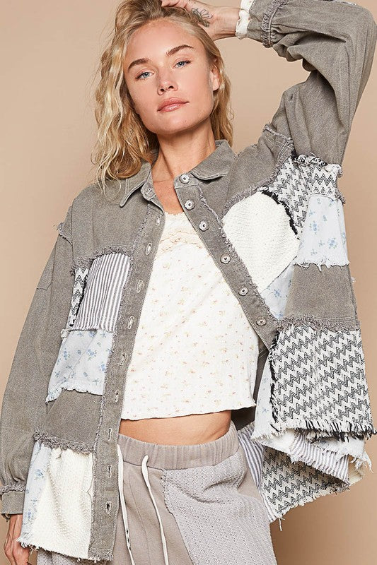 POL Raw Hem Patchwork Dropped Shoulder Jacket - NeoKira Unlimited