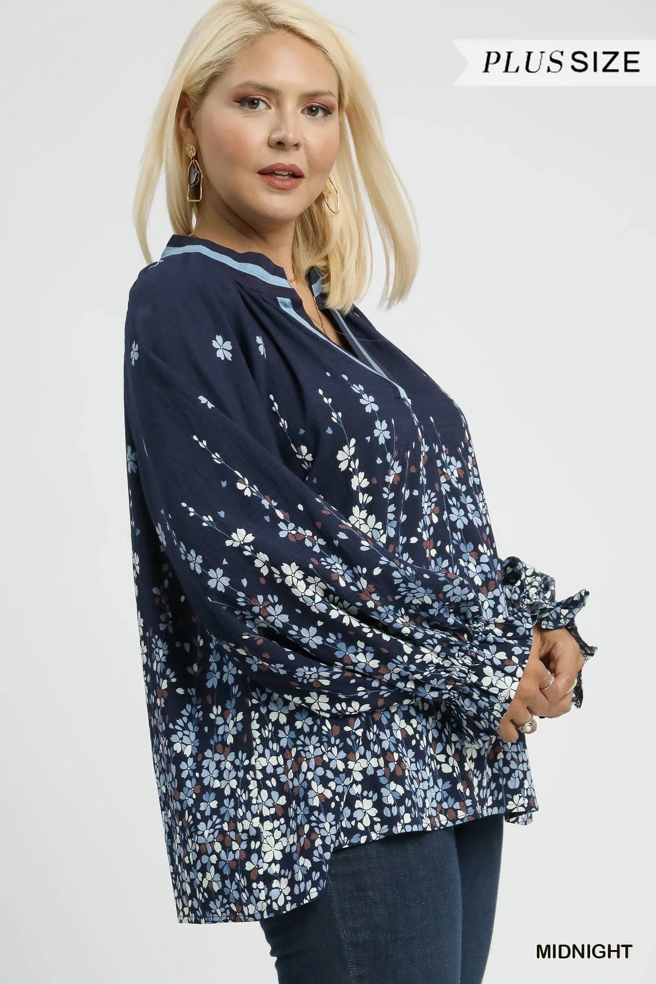 Umgee Floral Vine Print Blouse with Balloon Sleeves – Plus Size Boho Chic - NeoKira Unlimited