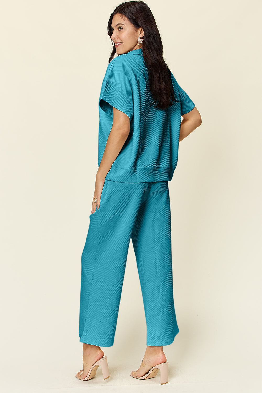 Double Take Full Size Texture Half Zip Short Sleeve Top and Pants Set - NeoKira Unlimited