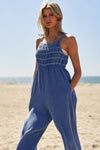 Davi & Dani Washed Multi Smocked Detail Tie Straps Jumpsuit Jumpsuits Davi & Dani   