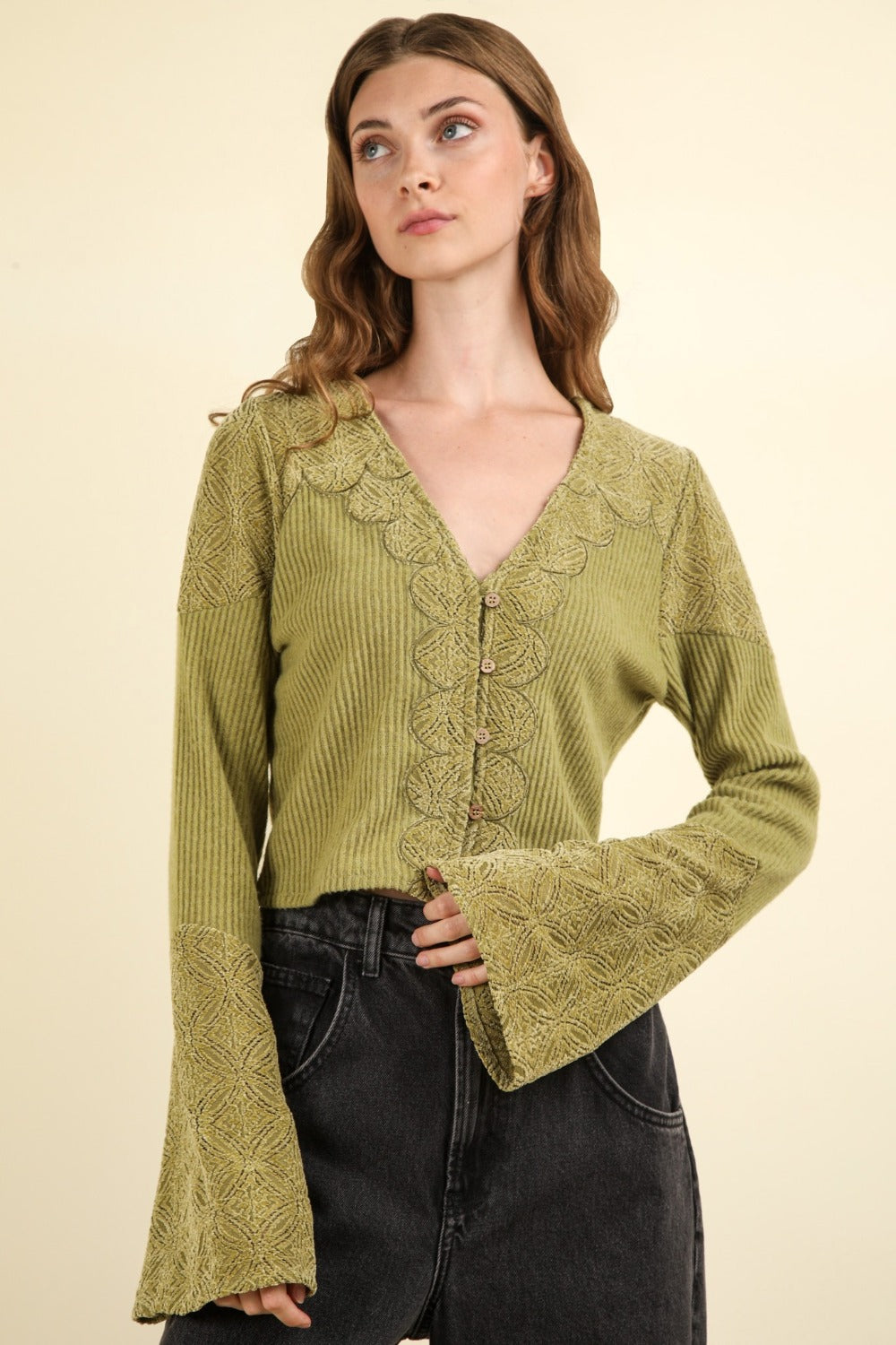 VERY J V-Neck Lace Detail Button Down Crop Ribbed Knit Top - NeoKira Unlimited