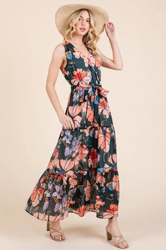 Lime 'N' Chili Floral Print Sleeveless Tie Waist Maxi Dress Feminine Flowing - NeoKira Unlimited