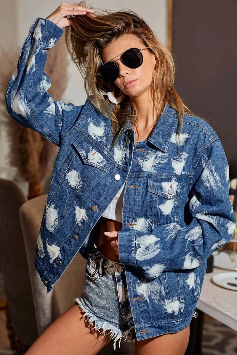 BiBi Washed Tie Dye Denim Jacket | Oversized Casual Streetwear - NeoKira Unlimited